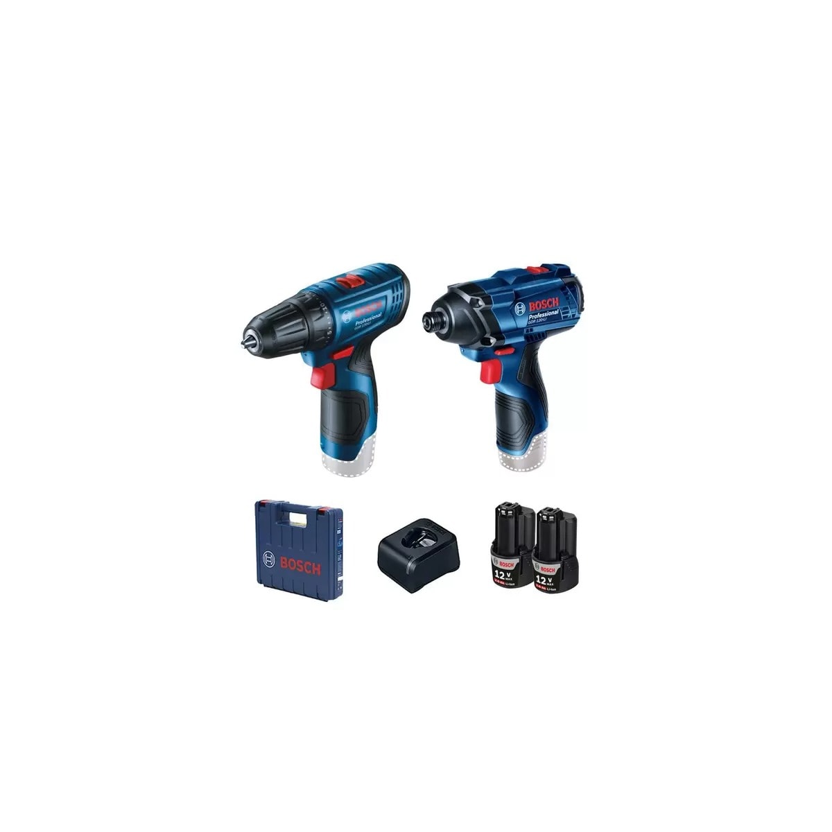 Chave de Impacto 1/4 12V + Parafusadeira/Furadeira 3/8 12V + 2 Baterias 2,0Ah + Carregador Bivolt - BOSCH-06019G80E4