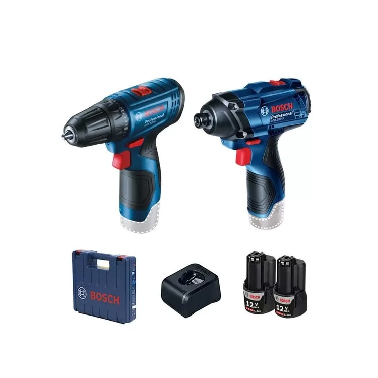 Chave de Impacto 1/4 12V + Parafusadeira/Furadeira 3/8 12V + 2 Baterias 2,0Ah + Carregador Bivolt - BOSCH-06019G80E4