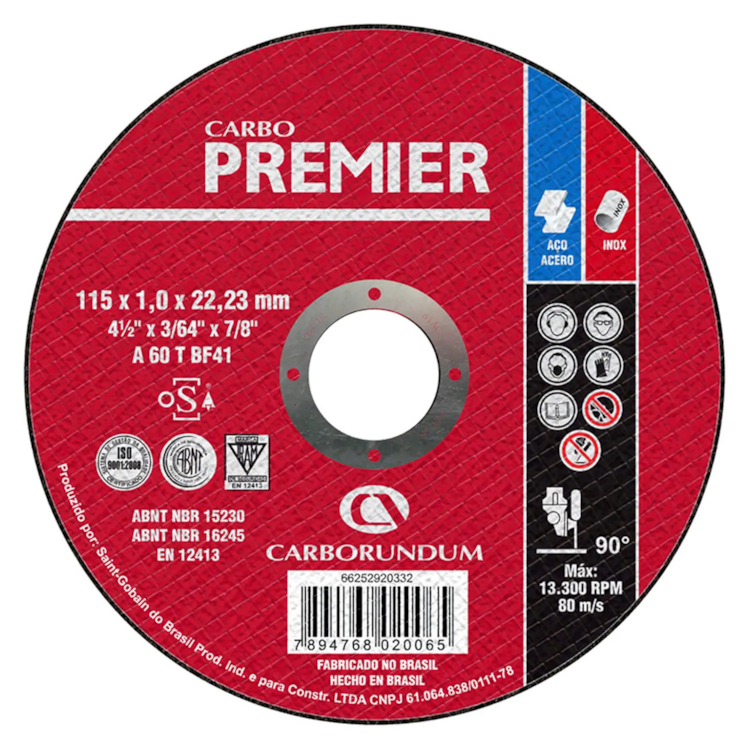 Disco De Corte Abrasivo Inox 4.1/2 X 3/64 X 7/8 - PREMIER-66252920332