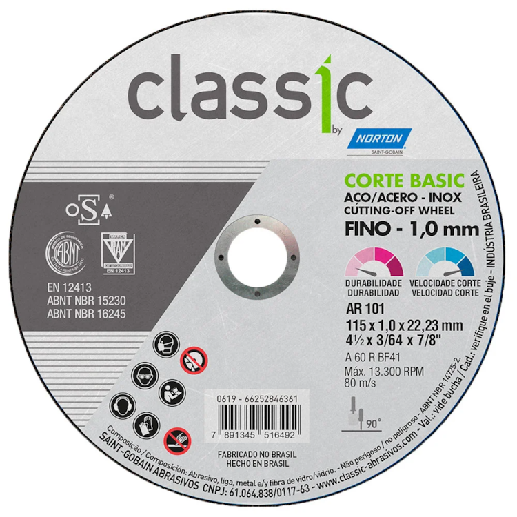 Disco De Corte BASIC Inox 115 X 1,0 X 22,23MM - NORTON-66252846361