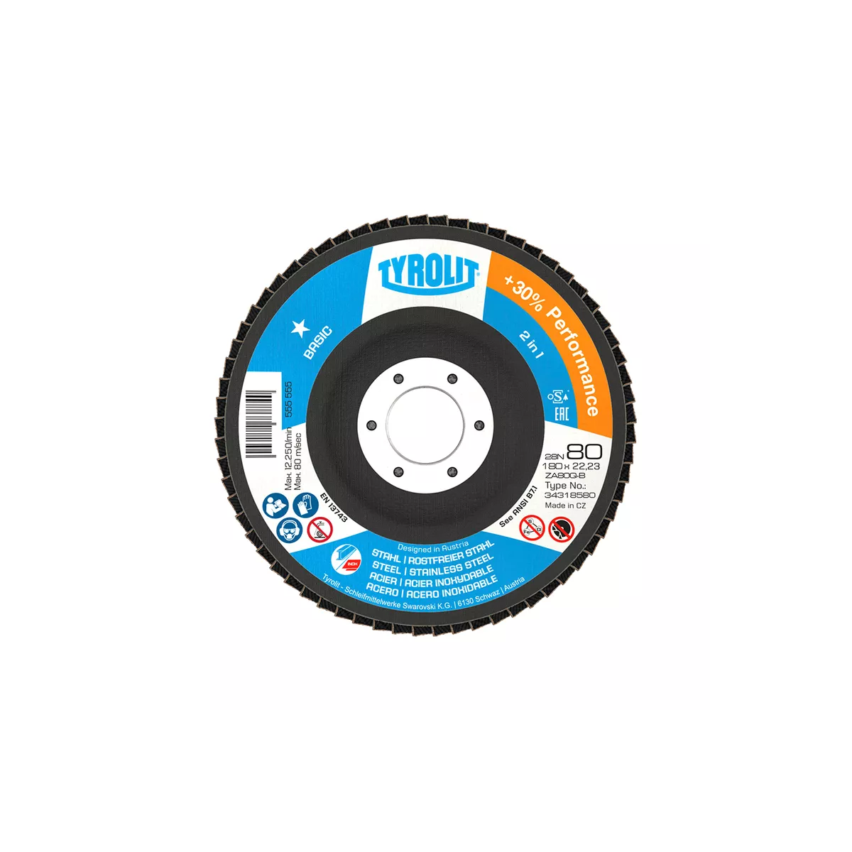 Disco de Lixa Flap Plano 180mm Grana 80 Basic 28N TYROLIT-34318580