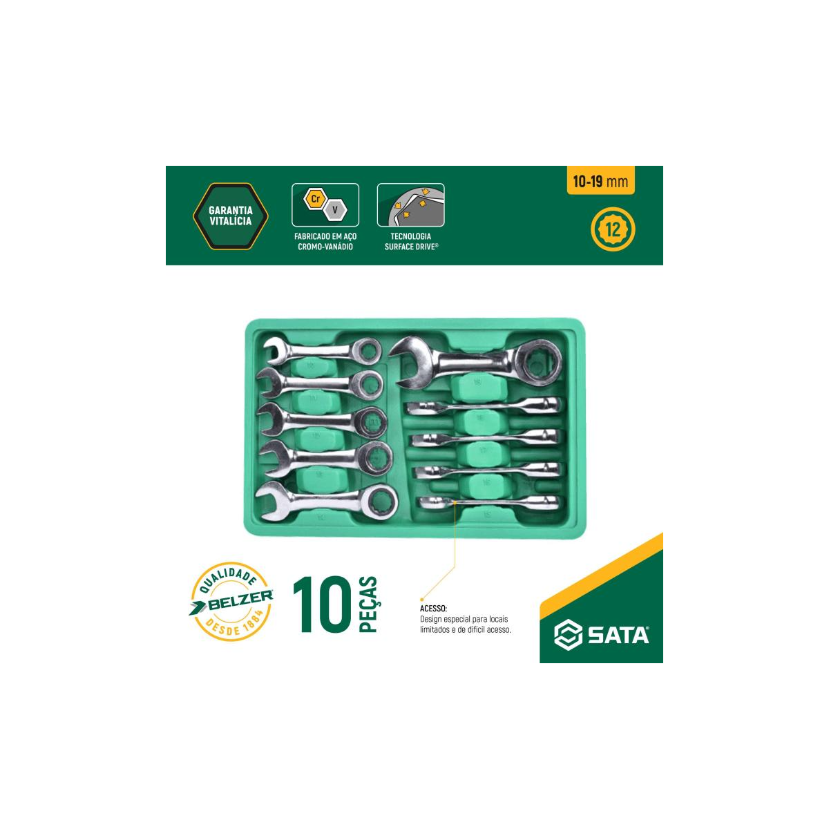 Jogo de Chave Combinada Curta Catraca 10 À 19mm 10 Peças - SATA-ST09025G