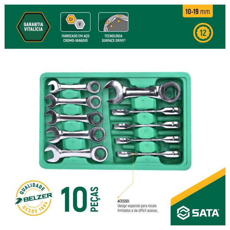 Jogo de Chave Combinada Curta Catraca 10 À 19mm 10 Peças - SATA-ST09025G
