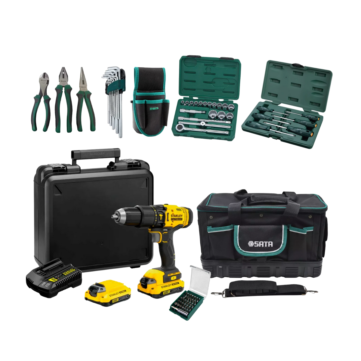 Kit Pro de Ferramentas SATA e Stanley | Parafusadeira/Furadeira, Soquetes, Chaves e Alicates