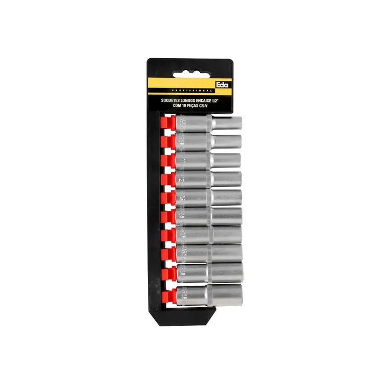 Soquete Sextavado Longo Jogo Encaixe 1/2'' 8 A 19 mm 10 Peças - EDA-0LK